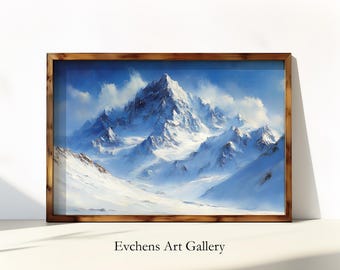 Winter Landscape Wall Art, Snow-Covered Mountains, Digital Wall Art, Landscape Painting, Mountain Scenery Print