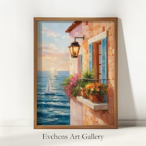 Mediterranean Balcony Wall Art with Sailboats, Sunset Coastal Digital Print