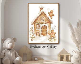 Gingerbread house wall art, digital Christmas print, kids room decor, winter wall art, gingerbread man poster, holiday decor