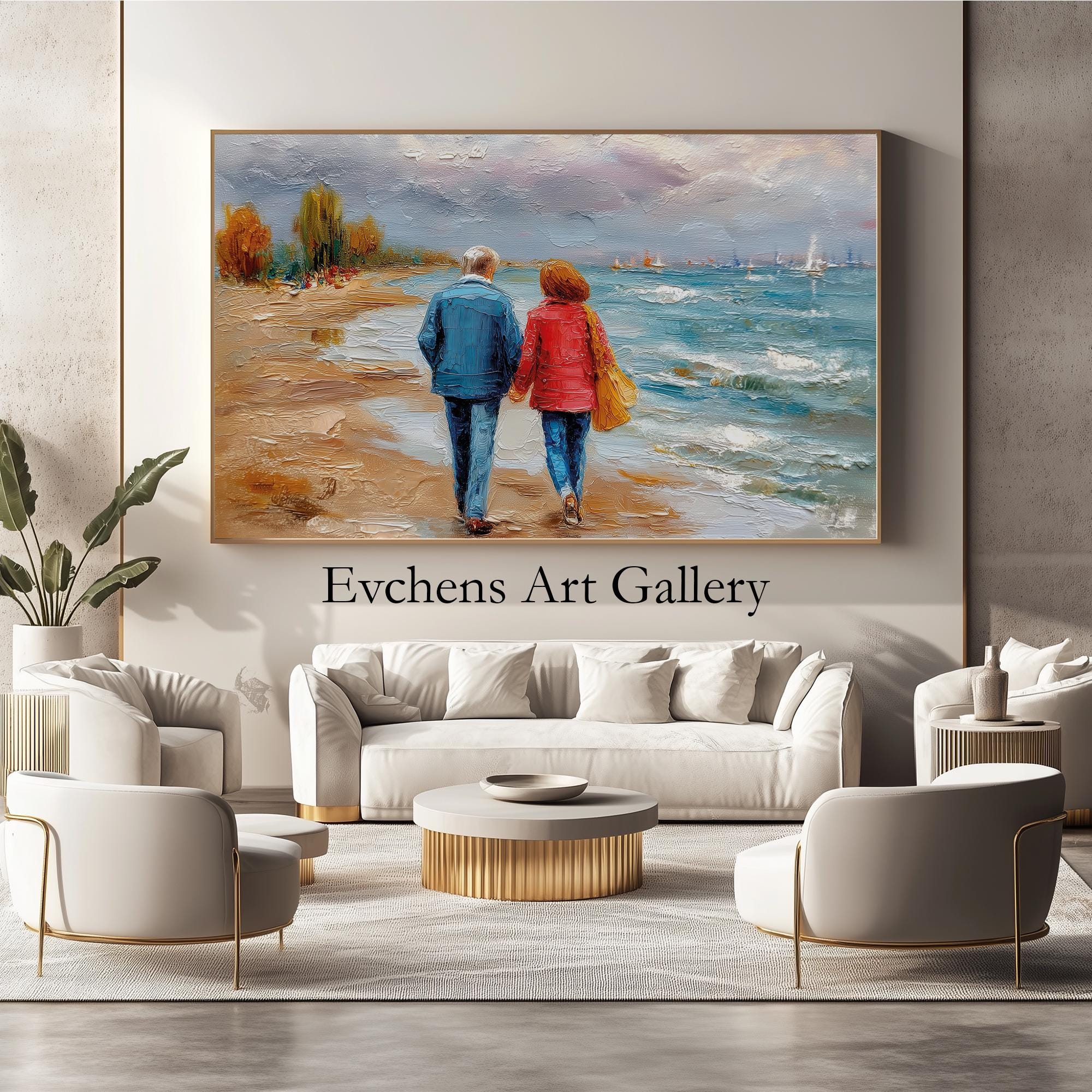 Elderly Couple Walking Hand In Hand On A Beach. Senior Duo Strolling On ...