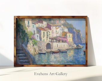 Mittelmeer Landschaft Gemälde, Italienische Küstenstadt Wandkunst, Impressionistische Ölmalerei, Wandkunst Digitaldruck #160