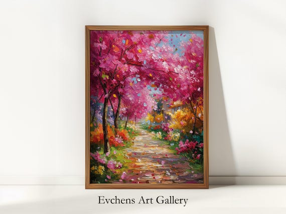 油絵 油彩 絵 絵画【Çherry blossom road】 Cherry Blossom Path Oil Painting, Romantic Spring Landscape Wall