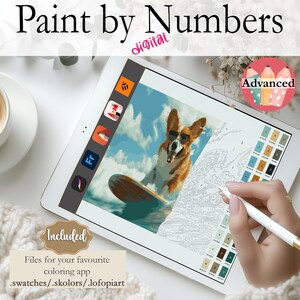 May include: Digital paint by numbers image on a tablet screen showing a cartoon corgi dog wearing sunglasses and riding a surfboard. The image is labelled "Advanced" and includes a colour palette with numbered swatches.