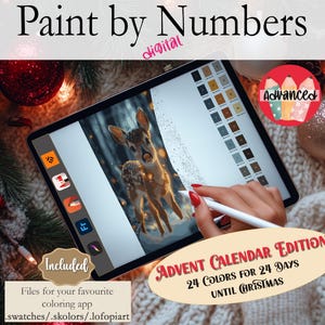 May include: A digital paint by numbers image on a tablet screen shows a fawn in a snowy forest. The image is part of an advent calendar edition with 24 colors for 24 days until Christmas. The text "Advanced" is in a red and white circle with pencils.