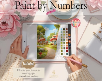 Mushroom Houses Village| Digital Paint by Numbers|Instant Download|for Procreate, Fresco, Sketchbook, Linearity Curve, Art Set ADVANCED