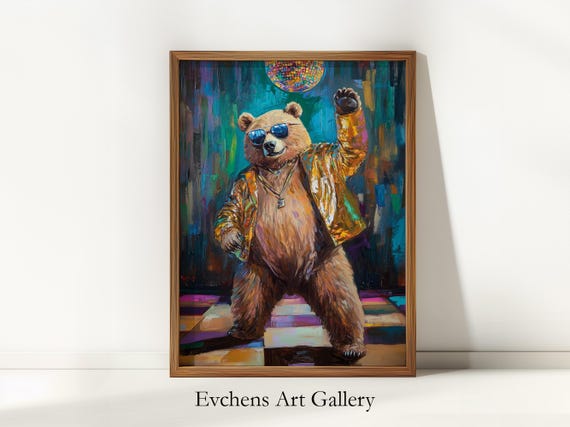 Disco Bear With Sunglasses, Humorous Animal Wall Art, Dancing Bear