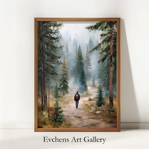 Escursionista nella foresta nebbiosa, dipinto a olio naturalistico, dipinto di una passeggiata, paesaggio digitale, sentiero nel bosco, arte murale vintage, natura #337