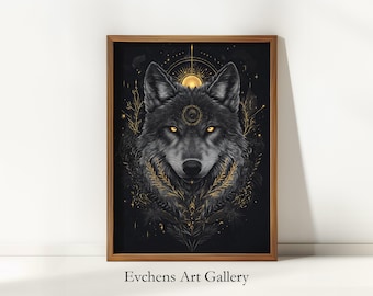Mystic Wolf Print, Spiritual Wall Art, Black Gold Poster, Magical Animal Artwork, Boho Decor Illustration