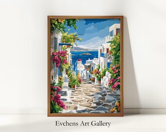 Mediterranean Wall Art, Coastal Landscape Print, Greek Architecture, Digital Art, Summer Decor, Downloadable Wall Artwork