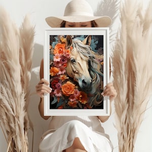 Arte de parede de cavalo com flores - arte digital elegante para casa, natureza e arte animal, decoração de flores