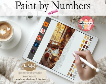 May include: A digital paint by numbers image on a tablet screen. The image is of a cozy autumn scene with a window, a cup of coffee, and fall leaves. The tablet screen also shows a color palette and the text "Advanced".