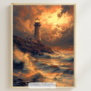 May include: A lighthouse stands tall on a rocky cliff overlooking a stormy sea. The sky is filled with dramatic clouds, lit by a warm sunset. The waves crash against the rocks, creating a sense of power and beauty.