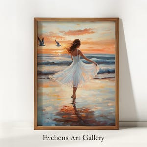 Wall Art, Romantic Sunset, Woman on Beach, Oil Painting, Seascape, Summer Vibes, Sunset Art