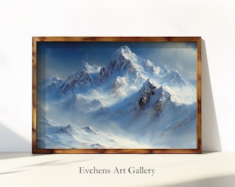 Winter Mountain Landscape, Snow-Covered Mountains Wall Art, Nature Oil Painting, Landscape Wall Art, Winter Artwork, Textured Mountain Art
