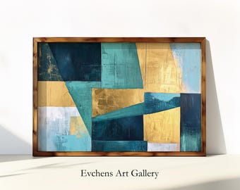 Abstract Wall Art, Geometric Shapes, Gold and Blue Wall Art, Modern Art, Large Wall Art, Digital Download