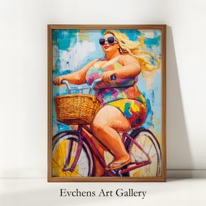 Vibrant Wall Art, Chubby Woman on Bicycle, Summer Colors, Modern Oil Painting, Digital Art, Dynamic Artwork