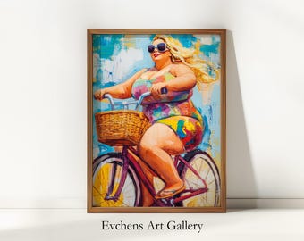 サイクリングアートプリント：自転車に乗る女性、オリジナル油絵