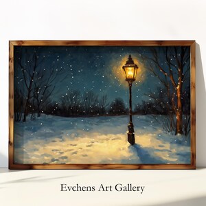 Winter lantern in snowy forest - oil painting wall art, landscape art, printable art