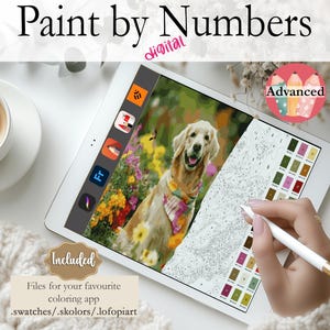 May include: Digital paint by numbers image on a tablet screen showing a golden retriever dog in a garden setting. The image is labeled "Advanced" and includes a color palette and instructions for use with popular coloring apps.