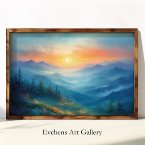 Landscape Wall Art, Sunrise in Mountains, Digital Art, Scenic Mountain Landscape, Wall Art, Digital Download