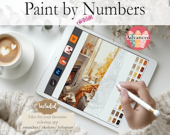 May include: A digital paint by numbers image on a tablet screen. The image is of a cozy living room with a fireplace and a window. The tablet is on a white surface with a cup of coffee and a knitted blanket. The text "Paint by Numbers" and "digital" is at the top of the image. The text "Advanced" is in a pink circle at the top right of the image. The text "Included" is in a brown circle at the bottom left of the image. The text "Files for your favourite coloring app .swatches/.skolors/.lofopiart" is below the "Included" circle.