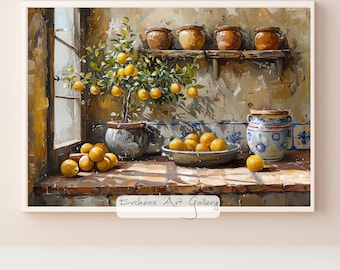 Limoeiro na janela, arte de parede, cozinha, rústico, frutas, pintura, sala de estar, Mediterrâneo, arte de parede, rural, decoração de sala de jantar, peitoril de janela