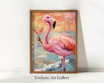 Flamingo with cocktail, humorous animal wall art, tropical flamingo decor