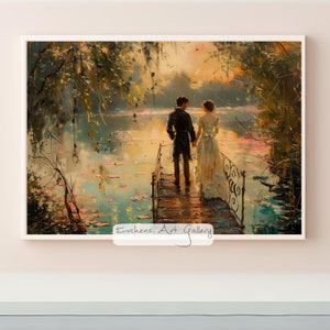 湖のロマンチックなカップル、ロマンチックなシーン、印象派の絵画、日没、愛し合うカップル、愛、壁画、アート