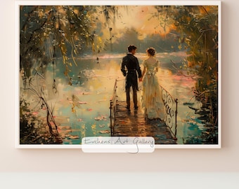 Pareja romántica en el lago, escena romántica, pintura impresionista, puesta de sol, pareja enamorada, amor, arte mural, arte