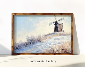 ヴィンテージの雪山の絵画 | アンティークの冬の針葉樹のアートワーク