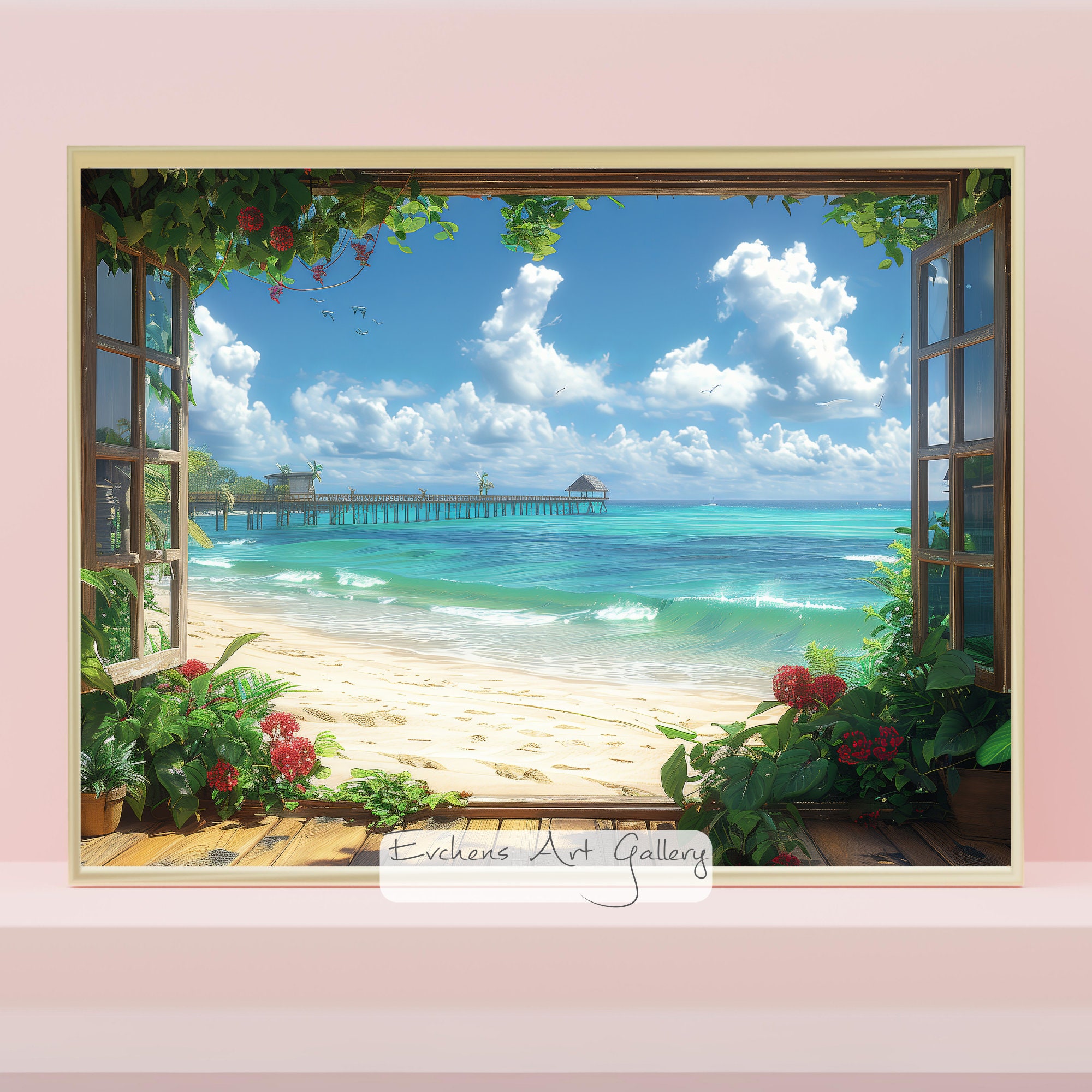 Beach & Tropical Scene Wall Art, Window View of the Ocean, Digital