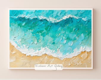 Abstracte structurele oceaangolven kunst | Moderne muurkunst voor woonkamer | Blauw en wit decor