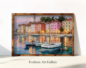 Wall Art Harbor Sunset, Coastal City Painting, Colorful Boats Artwork, Mediterranean Landscape Wall Art, Pastel Color Printable