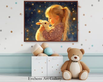 Girl with Bunny Poster, Starry Night Wall Art, Digital Painting, Cute Nursery Print, Dreamy Animal Illustration, Starry Sky Artwork, Magical