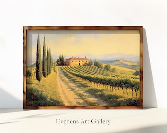 Paisaje toscano, grabado de pintura al óleo, arte mural rural, arte de viñedos, grabado mediterráneo, ambiente soleado #175