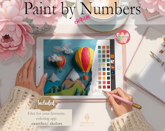 Hot Air Balloon Adventure | Digital Paint by Numbers|Instant Download for Procreate, Fresco, Sketchbook, Linearity Curve,Art Set ADVANCED