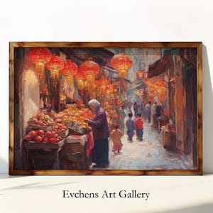 Traditional market with red lanterns - oil painting wall art, Asian wall art, printable art