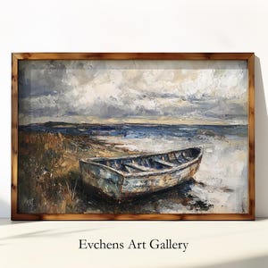 Coastal Wall Art, Abandoned Boat, Maritime Painting, Calm Landscape, Wall Art, Digital Download