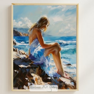 Pu&ograve; includere: Una donna con un vestito blu &egrave; seduta su una costa rocciosa, guardando l'oceano. L'acqua &egrave; di un blu vibrante e ci sono onde bianche che si infrangono contro le rocce. Il cielo &egrave; di un azzurro chiaro con nuvole bianche.