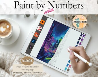 Könnte beinhalten: Ein digitales Malen-nach-Zahlen-Design auf einem Tablet, das eine farbenfrohe Landschaft zeigt. Das Tablet zeigt ein teilweise koloriertes Bild mit einem Stift. Das Bild enthält den Text "Paint by Numbers" und "digital". Eine Tasse Kaffee mit Herzschaumkunst ist ebenfalls zu sehen.