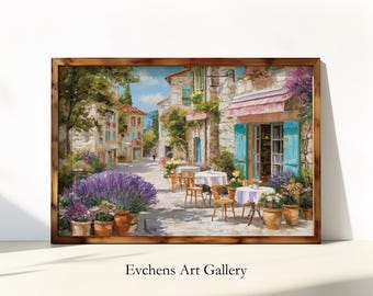 Provence Café Wall Art French Village Painting Mediterranean Artwork Vintage Street Scene Romantic Floral Wall Art Countryside Landscape