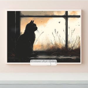 Cat at the Window, Wall Art, Silhouette, Sunset, Nature, Minimalist, Decor, Windowsill, Evening Mood, Black and White, Cat Art, Animal Art,