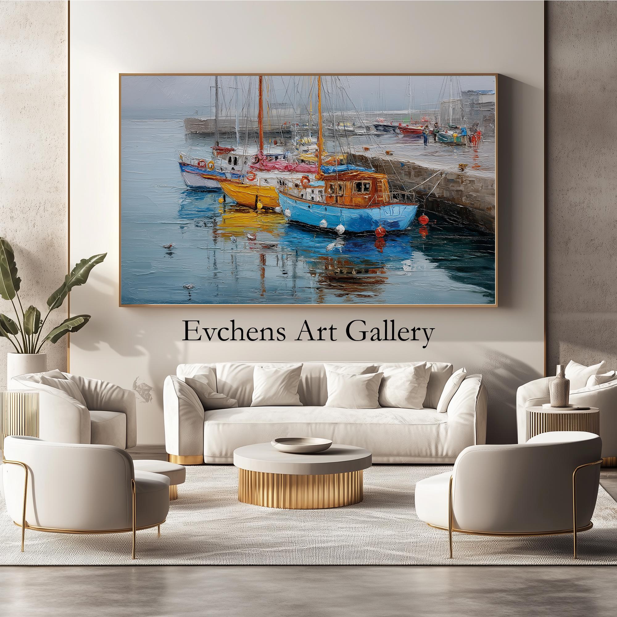 港の船の油絵 – 海事壁画 – 港の絵 – 海岸風景画 – 船の壁画 #127
