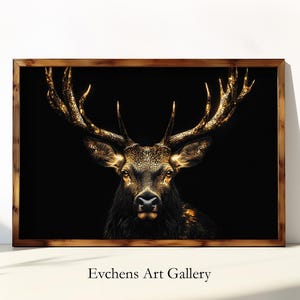 Golden Deer Wall Art, Digital Print, Dark Aesthetic, Antler Artwork, Forest Animal, Black Gold Poster, Mystical Deer Art