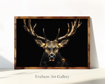 Golden Deer Wall Art, Digital Print, Dark Aesthetic, Antler Artwork, Forest Animal, Black Gold Poster, Mystical Deer Art