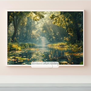 May include: A painting of a sunlit forest scene with a river flowing through it. The water is calm and reflective, and the trees are lush and green. The sun's rays are shining through the trees, creating a warm and inviting atmosphere. The painting is titled "Evchens Art Gallery".