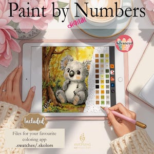 Pode incluir: Imagem digital de pintura por números na tela de um tablet que apresenta um coala em um ambiente de floresta. A imagem é rotulada como "Avançado" e inclui uma paleta de cores com amostras.