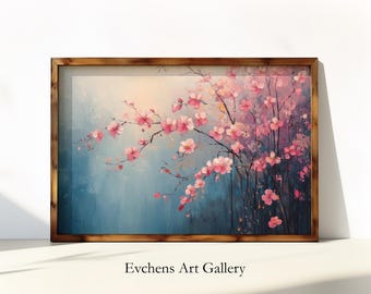 Arte de la pared de la flor de cerezo, pintura al óleo de flores, arte de la flor de primavera, arte de la pared de la naturaleza, obras de arte de colores pastel, arte de la pared del árbol de la flor