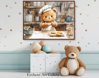 Lindo oso en la panadería - Arte de pared de acuarela, arte digital para cocina o guardería #86