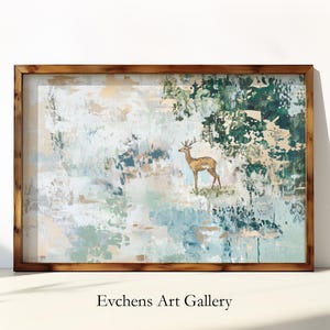 Abstract Deer Landscape, Golden Accents, Nature Wall Art, Green and Beige, Digital Art